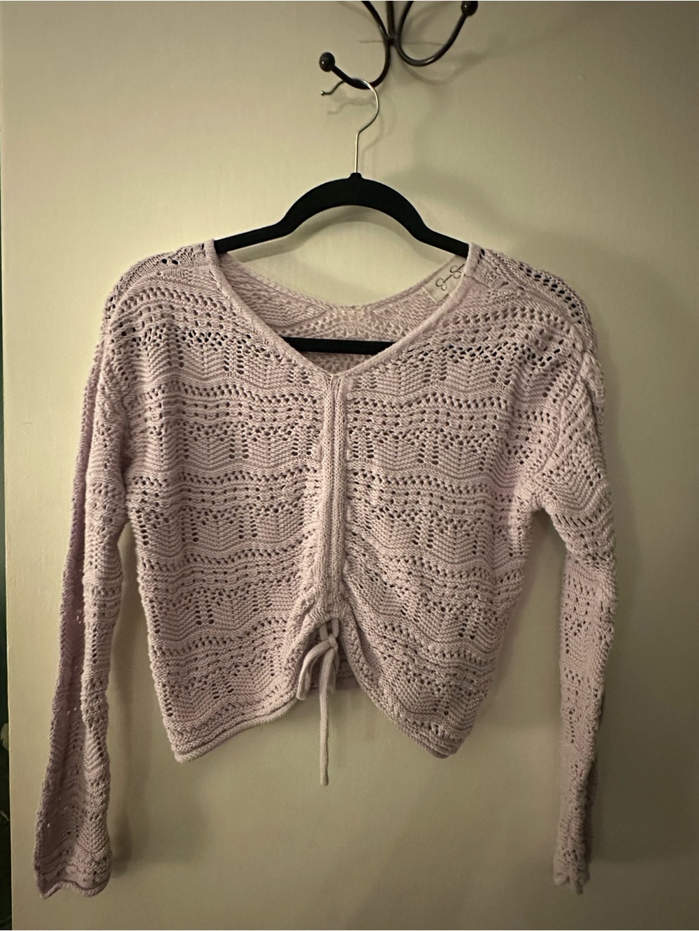 Jessica Simpson Light Lavender Open-Knit Cropped V-Neck Drawstring Sweater
